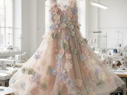 Pastel chiffon evening dress with floral appliqué hanging in a bright atelier
