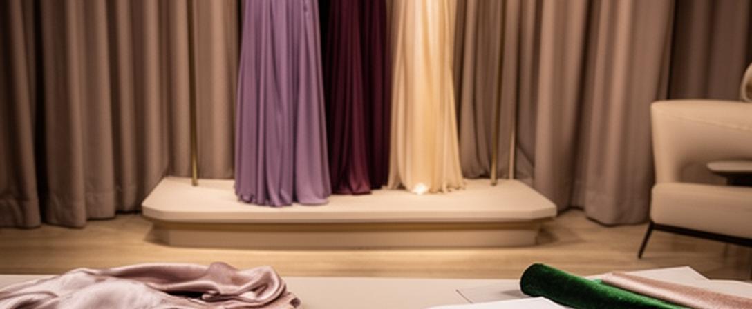 Evening gown fitting room with fabric samples, a measuring tape, and a neatly arranged client appointment book