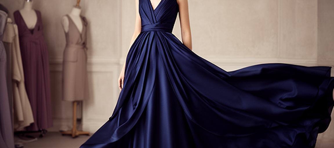 Model wearing a sweeping midnight-blue evening gown in a softly lit Ascot studio