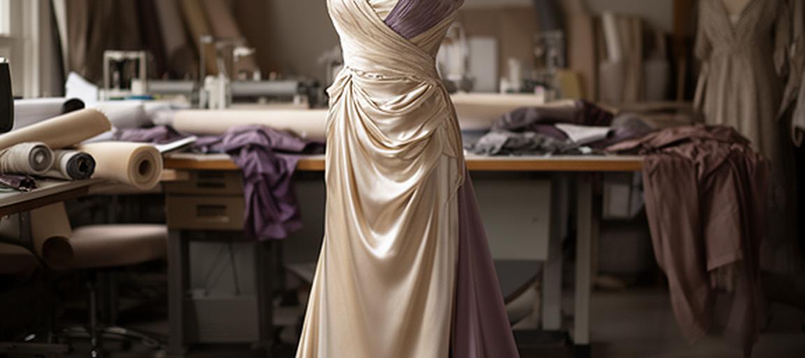 Hand-finished silk evening gown on a dress form in a softly lit Ascot studio