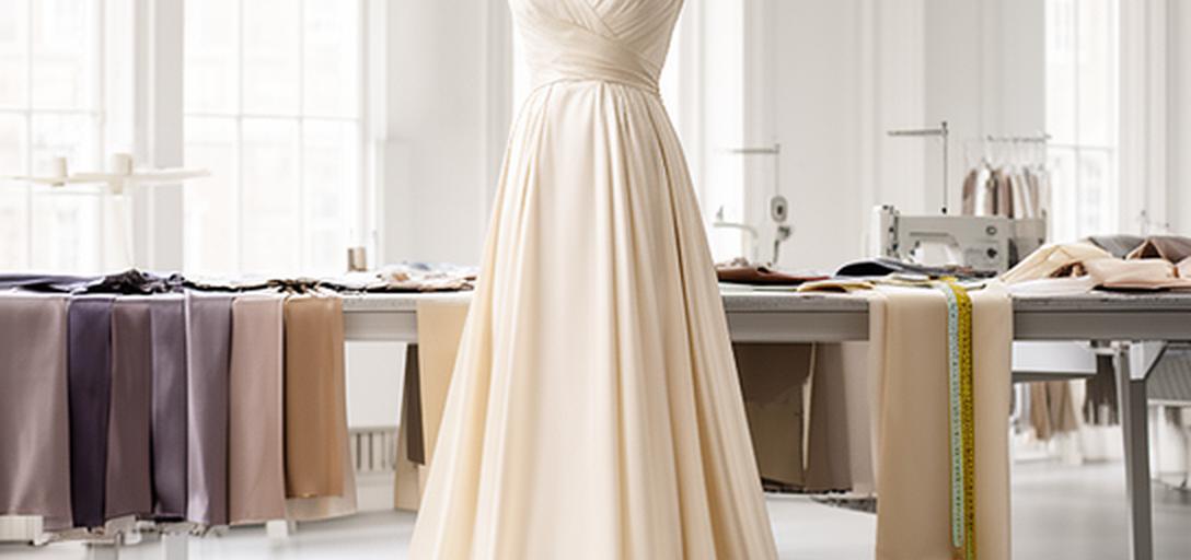 Ivory evening gown on a dress form in a bright Ascot design studio with silk fabric samples