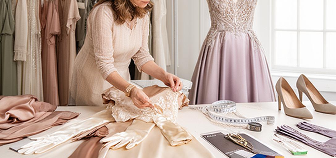 Stylist arranging an evening gown and satin accessories in a bright Ascot studio