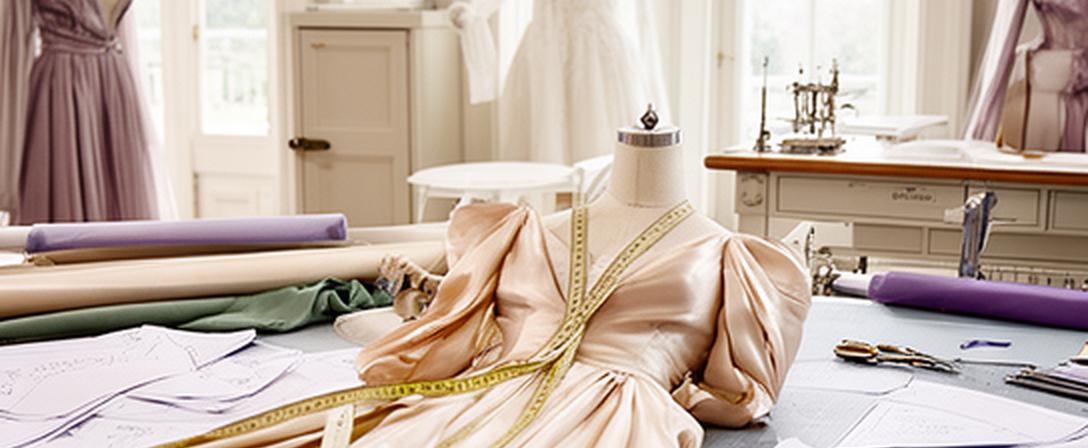 Designer evening gown being measured on a cutting table inside a bright Ascot atelier