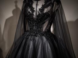 Black tulle evening gown with jet beads and sheer panelling on a dress form