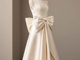 Structured ivory Mikado gown with a large bow displayed against a neutral atelier wall